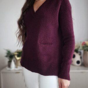 Burgundowy sweter w serek, kaszmir, S, PREMIUM