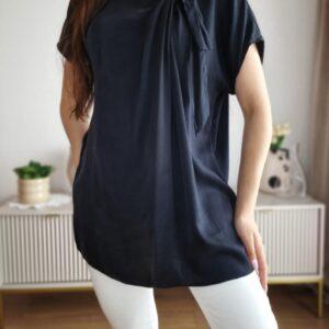 Czarna, elegancka bluzka z wiązaniem, jedwab, XL