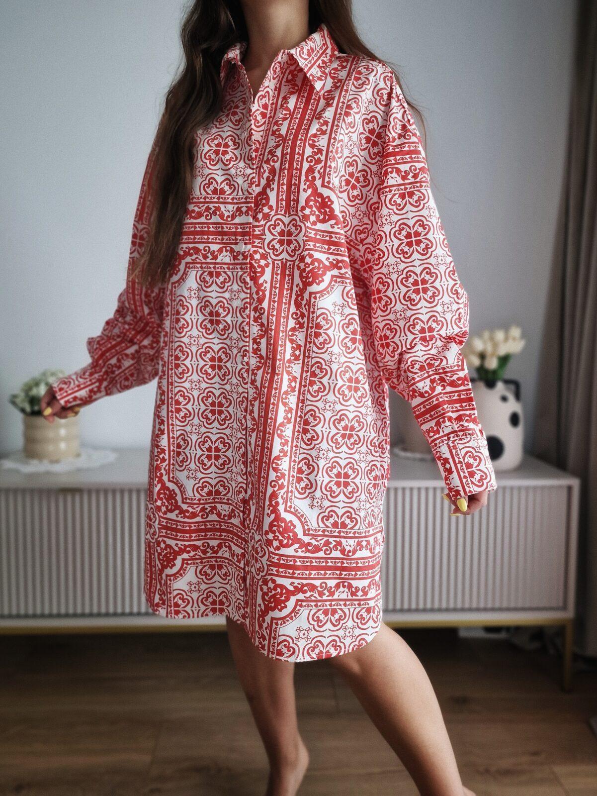Wzorzysta sukienka koszulowa, bawełna, L-XXL, nowa, PREMIUM