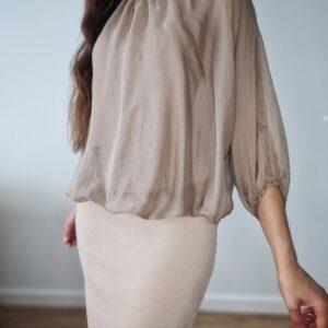Brązowa bluzka oversize, jedwab, S, PREMIUM