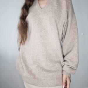 Brązowy sweter w serek, kaszmir, 2/3XL