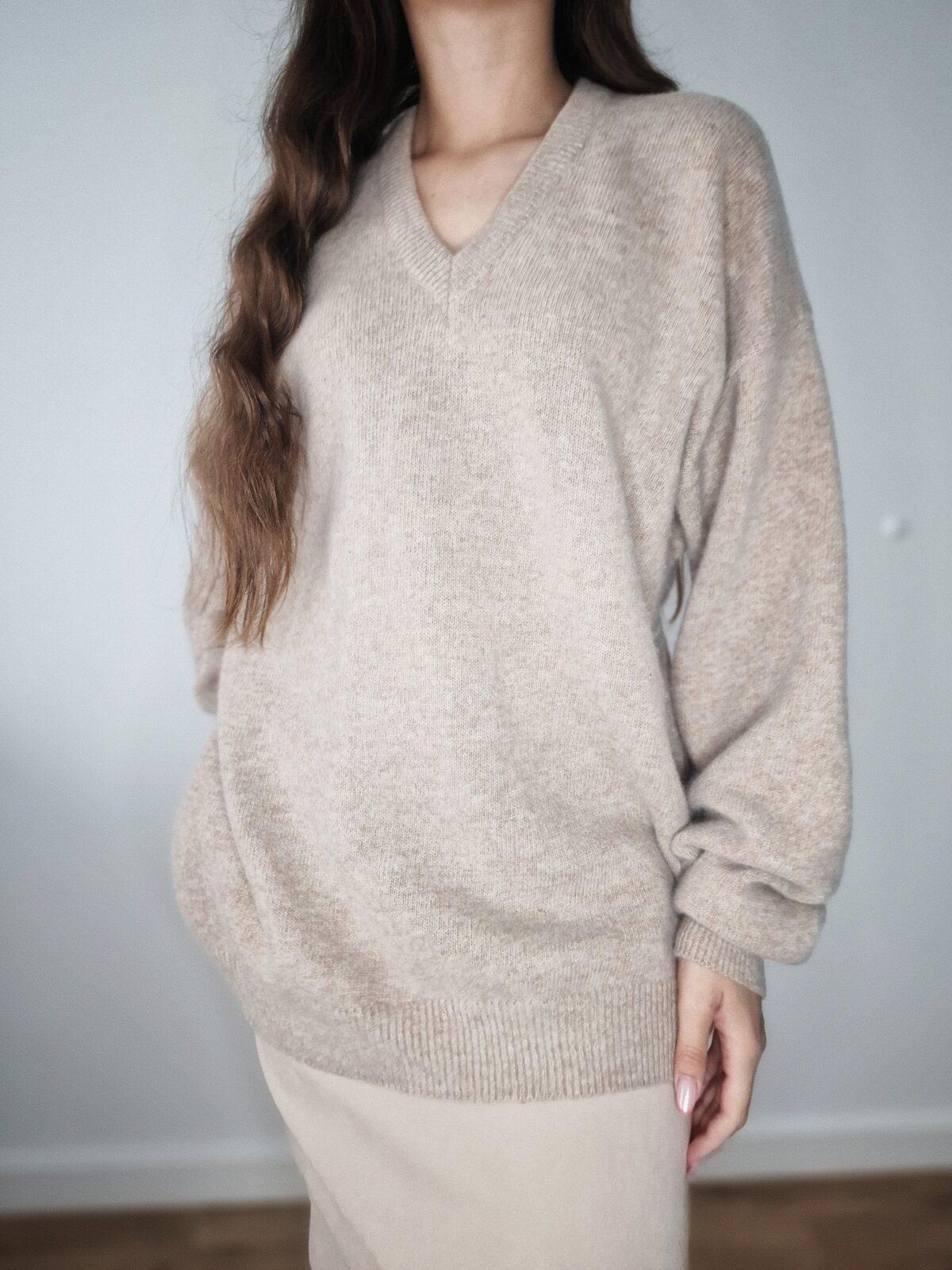 Brązowy sweter w serek, kaszmir, 2/3XL